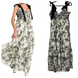 Davi & Dani Black Cream Toile Tiered Ribbon Shoulder Tie Maxi Dress Size Large